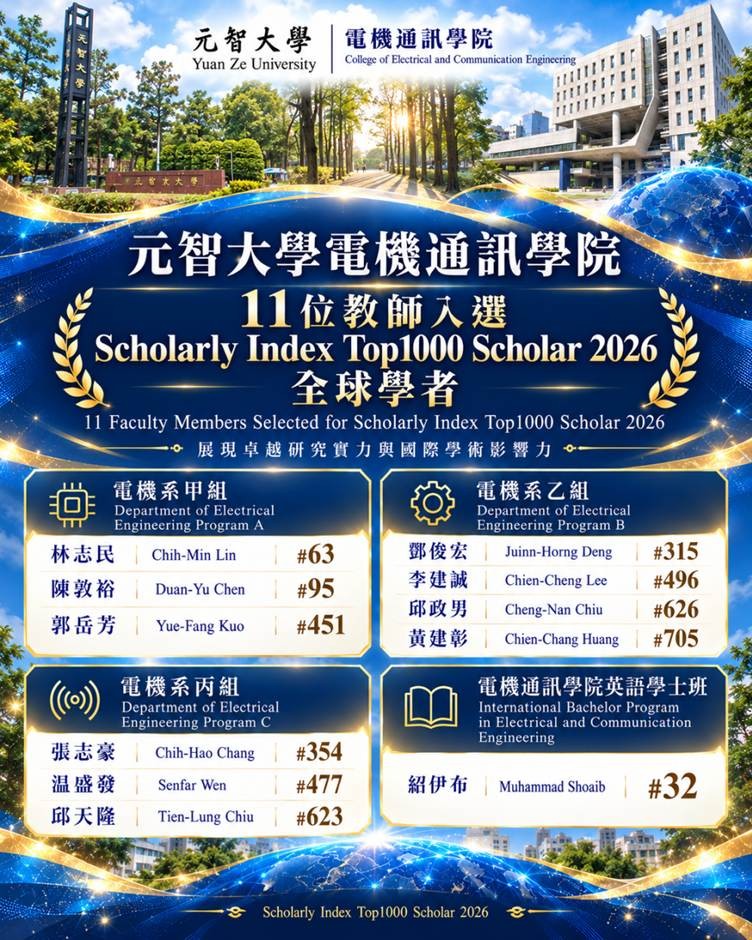 11 Yuan Ze University Faculty Members Named to Global Scholar Ranking, Three in World’s Top 100